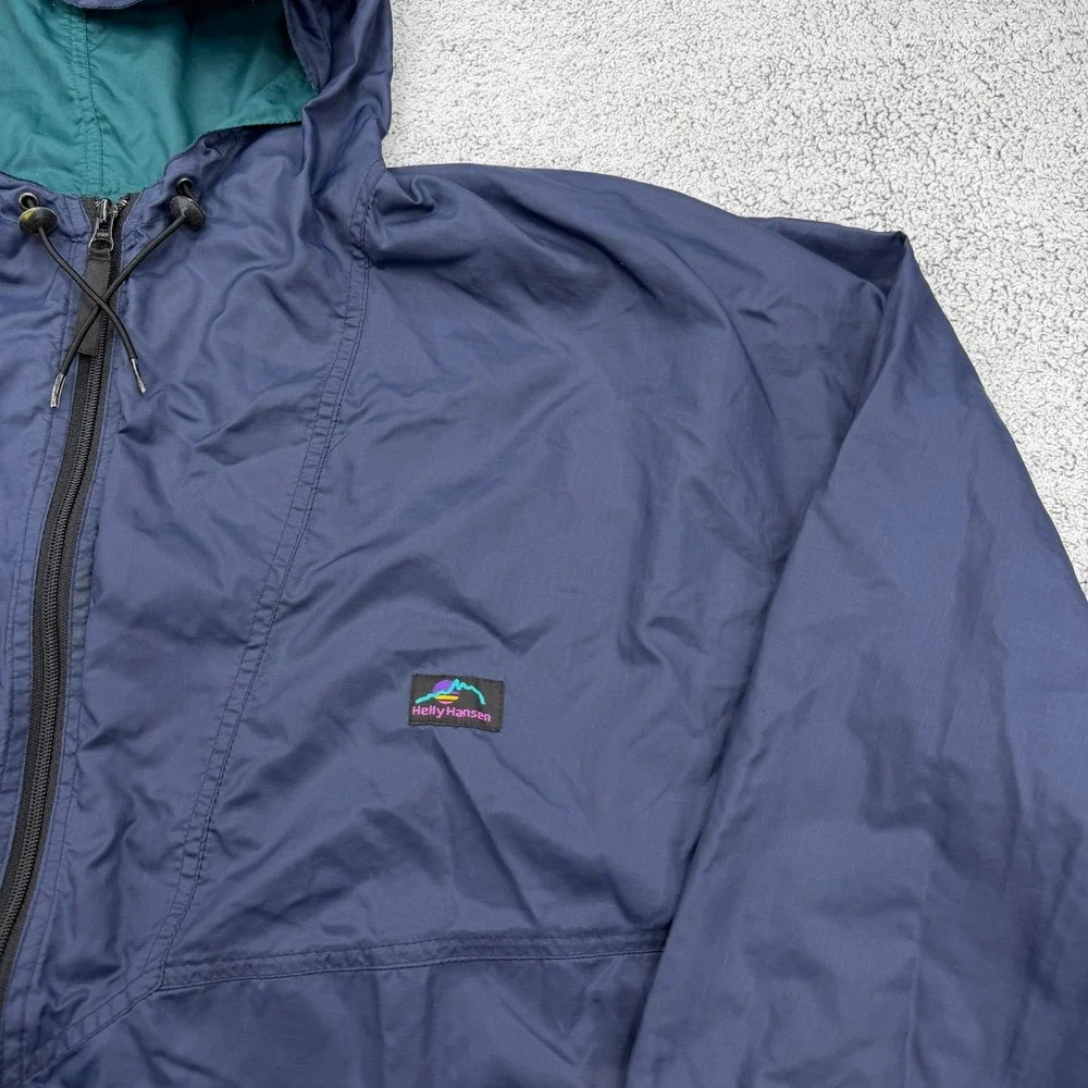 Helly Hansen Rain Jacket Mens Large Blue Hooded Zip Pocket Windbreaker 90s VTG